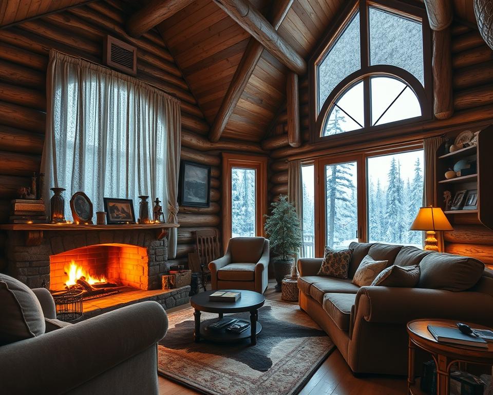 cosy cabin living room with fireplace